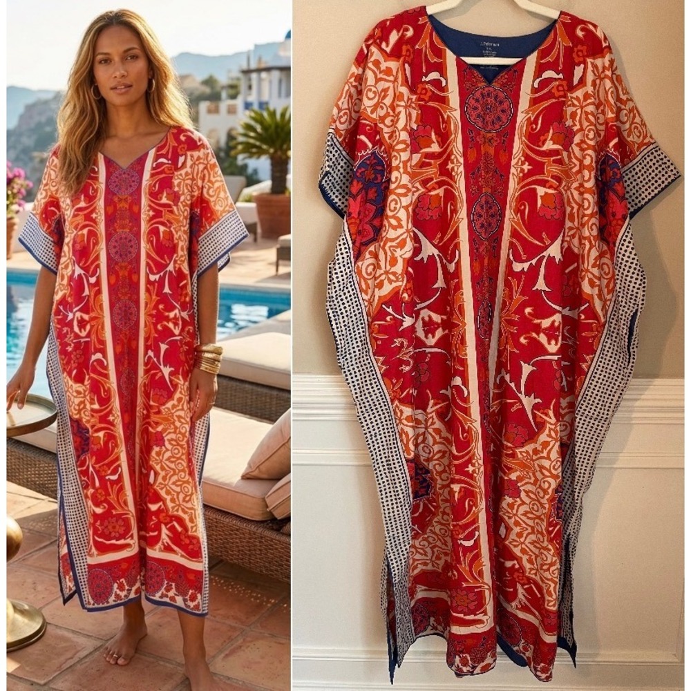 J. Peterman Womens Kaftan Maxi Dress L/XL Cotton Made India Paisley Blue Red